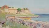 ZATOKA MORSKA Z RÓŻOWYM DOMEM by Michał Gorstkin-Wywiórski, 1903-1906, olej, płótno naklejone na tekturę, offered Dec 2020