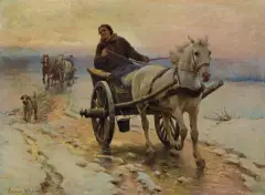 Zygmunt Ajdukiewicz, DWUKÓŁKĄ PO ŚNIEGU I LODZIE, ok. 1890, olej, deska