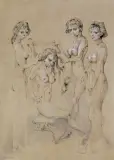 Jan Lebensztejn, MŁODE DZIEWCZYNY, 1979, tusz pióro, gwasz, akwarela, papier