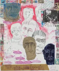 Edward Dwurnik, ONI CHCĄ CZOŁGÓW, Z CYKLU ROBOTNICY, 1981, collage, linoryt, oł., kredka, flam., znaczki,