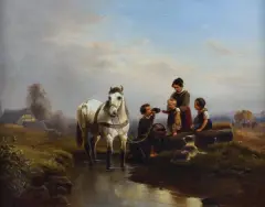 Wilhelm Alexander Meyerheim, RODZINA NAD RZECZKĄ, olej, płótno
