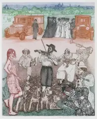 ULICA KROKODYLI - KONCERT DLA ADELI by Marian Paweł Bocianowski, akwaforta barwna, papier, sold Nov 2020