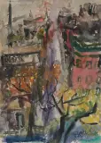 Judyta (Jehudith) Sobel, WIDOK NA MIASTO, akwarela, kredka, papier