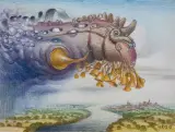 NAWAŁNICA by Jacek Yerka, 2015, kredki, ołówek, karton, sold Nov 2020