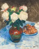 Leon Wyczółkowski, MARTWA NATURA Z BIAŁYMI RÓŻAMI, 1912, akwarela, gwasz, pastel, papier
