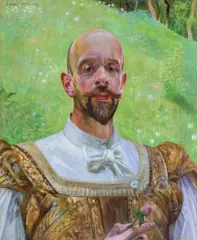 Jacek Malczewski, AUTOPORTRET Z KWIATEM KONICZYNY, 1909, olej, deska o sfazowanych krawędziach