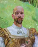 Jacek Malczewski, AUTOPORTRET Z KWIATEM KONICZYNY, 1909, olej, deska o sfazowanych krawędziach