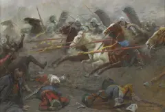 HUSARIA W NATARCIU by Antoni Piotrowski, 1918, olej, tektura, offered Oct 2020
