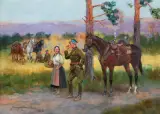NA POSTOJU by Jerzy Kossak, 1932, olej, tektura, sold Oct 2020
