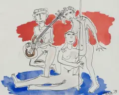 CHŁOPIEC Z GITARĄ by Otto Axer, 1973, tusz pióro, akwarela, papier kremowy, offered Oct 2020