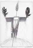 Wanda Gołkowska-Chwałczyk, Z cyklu "Strachy bieszczadzkie", 1981-82, rysunek flamastrem, kolaż (ptasie pióra), karton