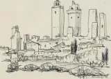 Malarz Nierozpoznany, Widok na San Gimignano, 1964, flamaster, długopis, papier