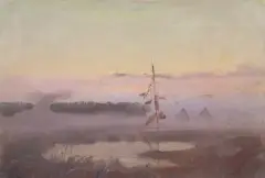 Stanisław Straszkiewicz, STAW O ZACHODZIE, olej, płótno naklejone na tekturę