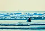 Maciej Majewski, KOBIETA Z DESKĄ SURFINGOWĄ WCHODZĄCA DO OCEANU, akryl, płótno