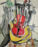 Judyta (Jehudith) Sobel, MARTWA NATURA ZE SKRZYPCAMI, 1957, olej, płótno