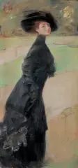 Teodor Axentowicz, Z PARASOLKĄ PO PARKU - JESIEŃ, pastel, karton