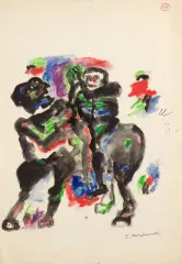 Dwie postaci z koniem by Eugeniusz Markowski, gwasz, papier, sold Apr 2020