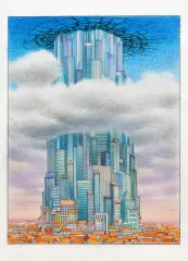 KORPORACJA BABEL by Jacek Yerka, 2019, kredki, ołówek, karton, sold Apr 2020