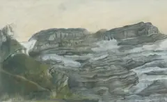 Jan Lebensztejn, VUE DES DIABLERETS, 1982, ołówek, tusz pióro, pastel, gwasz, papier