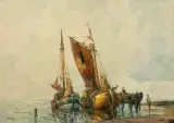 Rudolf Priebe, ROZŁADUNEK KUTRÓW, olej, płótno