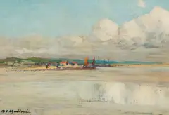 Michał Gorstkin-Wywiórski, ŁODZIE NA BRZEGU, olej, tektura