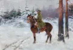 Jerzy Kossak, UŁAN NA WIDECIE, 1940, olej, tektura