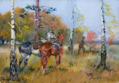 Jerzy Kossak, UŁANI NA ZWIADZIE, 1950, olej, tektura