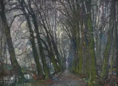 Mécislas De Rakowski, ALEJA WŚRÓD DRZEW, 1933, olej, deska o sfazowanych krawędziach