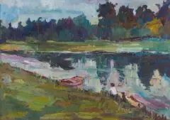 Roman Artymowski, PEJZAŻ Z RZEKĄ, 1958, olej, płótno