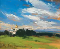 Konrad Krzyżanowski, PEJZAŻ Z CERKWIĄ. PEJZAŻ Z ROZTOCZA, 1905, olej, deska o sfazowanych krawędziach