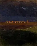 Ferdynand Ruszczyc, WIEŚ O ZACHODZIE (WIEŚ NOCĄ), lipiec 1897, olej, płótno naklejone na tekturę