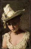Pantaleon Szyndler, PORTRET DAMY W BIAŁYM KAPELUSZU, olej, płótno