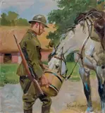 ŻOŁNIERZ POJĄCY KONIA by Wojciech Kossak, 1927, olej, tektura naklejona na sklejkę, sold Mar 2020