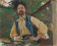 Jacek Malczewski, AUTOPORTRET W OGRODZIE, 1906, olej, tektura