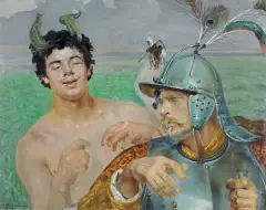 Jacek Malczewski, Rycerz i faun, 1909, olej, tektura
