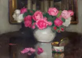 RÓŻOWE RÓŻE by Alfons Karpiński, olej, tektura, sold Dec 2019