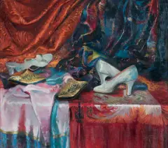 Adolf Behrman, MARTWA NATURA Z PANTOFELKAMI, 1933, olej, płótno