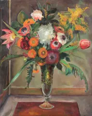 Gustaw Gwozdecki, KWIATY W SZKLANYM WAZONIE, 1930-1934, olej, płótno