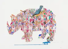 NOSOROŻEC I PTAK by Ryszard Grzyb, 1994, tusze barwne, pióro, akwarela, papier, sold Nov 2019