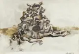 Jan Lebensztejn, SCENA FANTASTYCZNA, 1966, długopis, tusze barwne, pióro, akwarela, papier