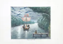 POŻEGNANIE by Jacek Yerka, kredki, ołówek, karton, sold Oct 2019