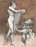 Jan Lebensztejn, HARFISTKA, 1974, tusze barwne pióro, akwarela, papier