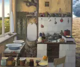 MIĘDZY NIEBEM I PIEKŁEM by Jacek Yerka, 1989, akryl, płótno, sold Oct 2019