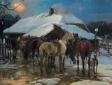 POSTÓJ, OK. 1900 by Alfred Wierusz-Kowalski, olej, płótno dublowane, sold Oct 2019