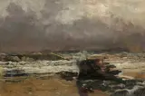 WRAK NA BRZEGU by Michał Gorstkin-Wywiórski, olej, płótno naklejone na tekturę, sold Oct 2019