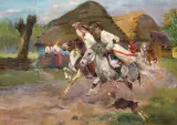Jerzy Kossak, WESELE KRAKOWSKIE, olej, tektura na krośnie