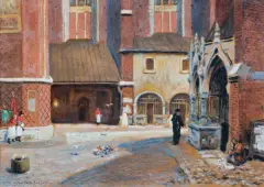 Stanisław Fabijański, GOŁĘBIE NA PLACU MARIACKIM W KRAKOWIE, 1940, olej, tektura