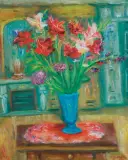 KWIATY W NIEBIESKIM WAZONIE by Jakub (Jacques) Zucker, olej, płótno, sold Oct 2019