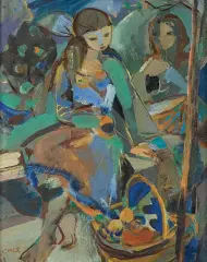 Ludwig Klimek, Dziewczyna z koszem, 1958, olej, płyta pilśniowa