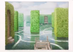 Podtopienia by Jacek Yerka, 2015, kredki, ołówek, karton, sold Jun 2019